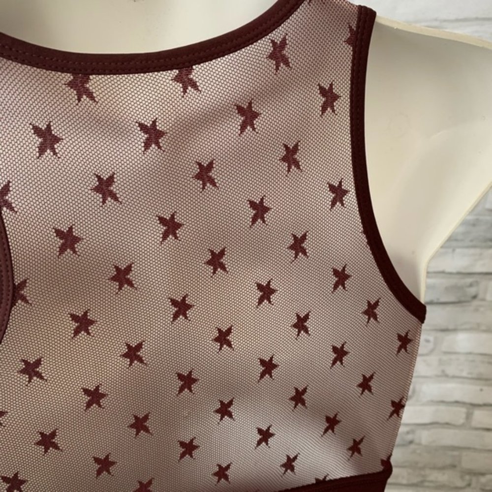 Burgundy Round Neck Star Mesh Sports Bra - Picture 3 of 8